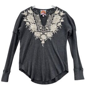 Johnny Was Long Sleeve Thermal Top Size Small Gray Embroidered Floral